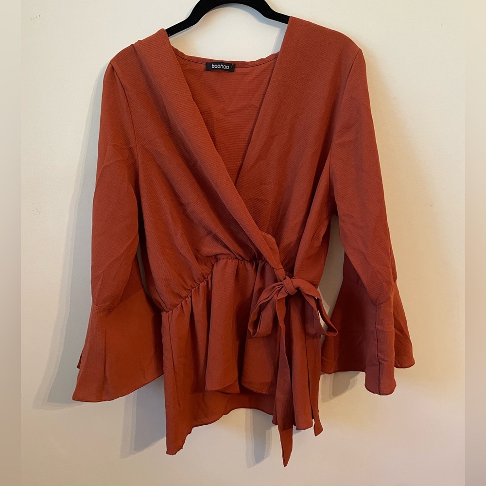Boohoo Terracotta Mock Wrap Blouse